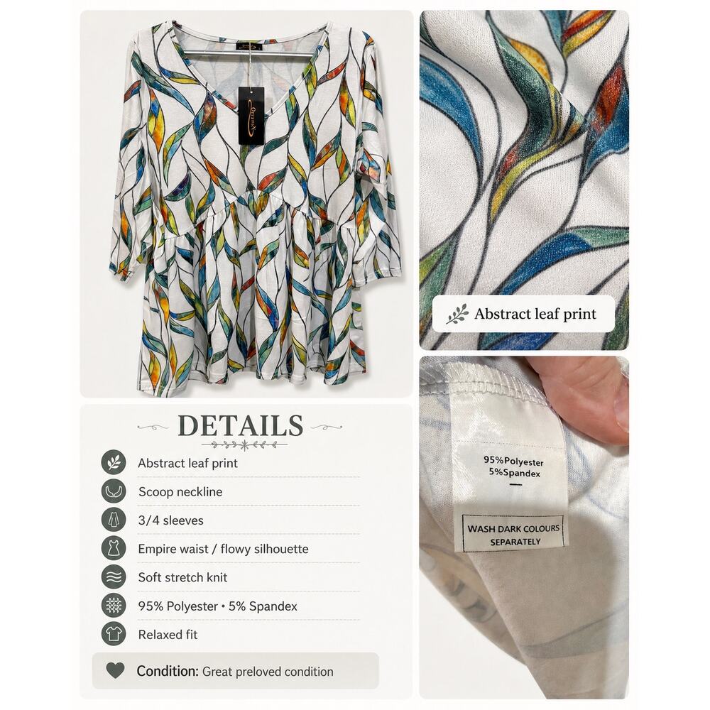 NWT OFEEFAN Wns Large Boho Coastal Leaf Print VNeck 3/4 Sleeve Flowy Tunic top - Picture 5 of 8
